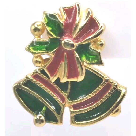 A I N Earrings Pierced Christmas Bow Bell Jacket Holly Red Green Goldtone Signed - Picture 5 of 8